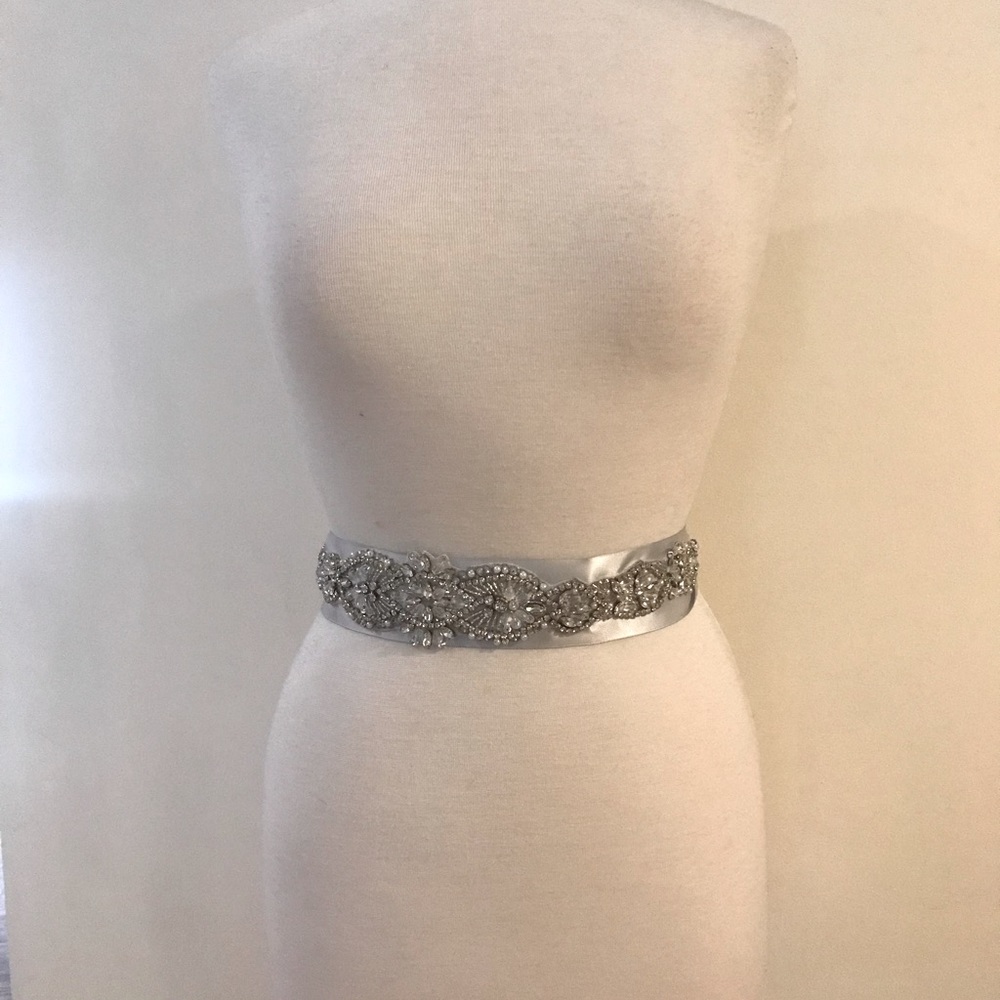 Silver Grey Satin Embellished Formal Event Waist Belt
